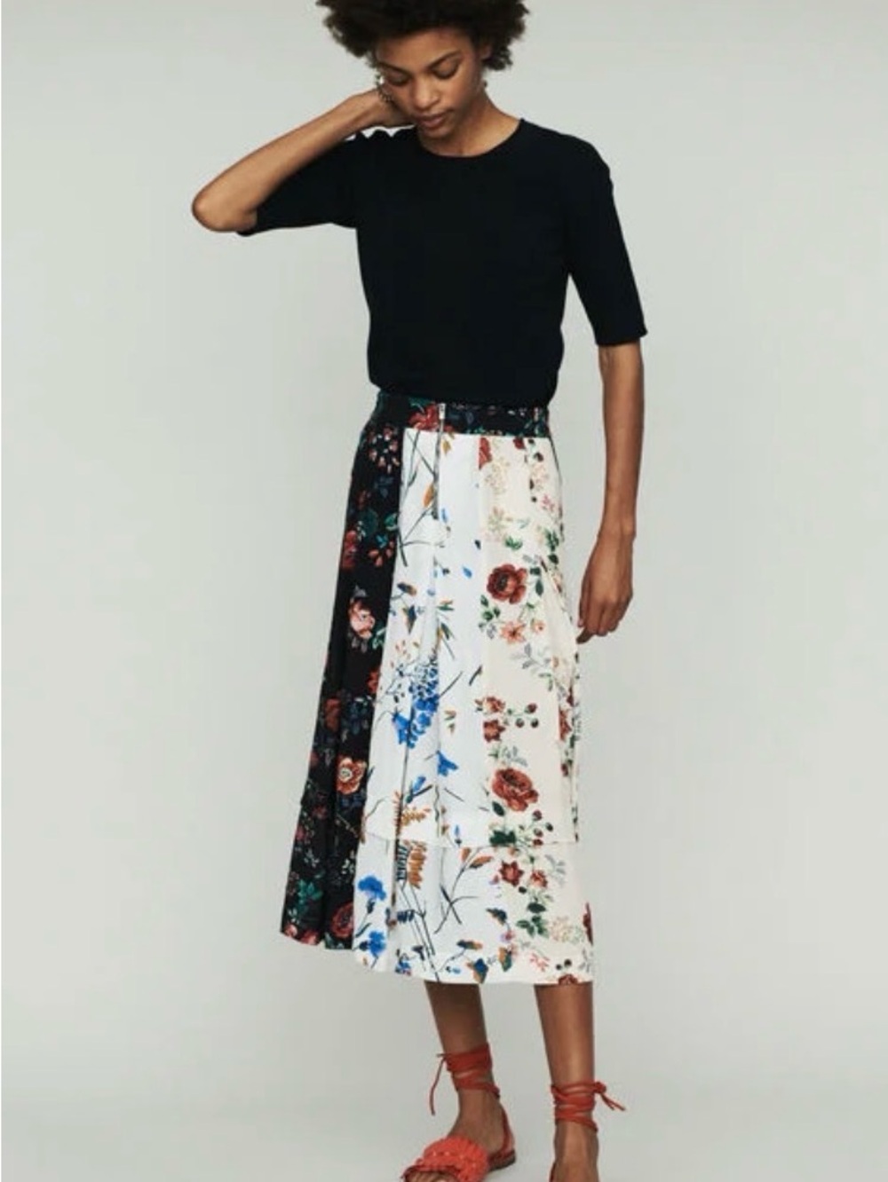 Maje Two-Tone Floral Midi Skirt - White and Black Floral Panels